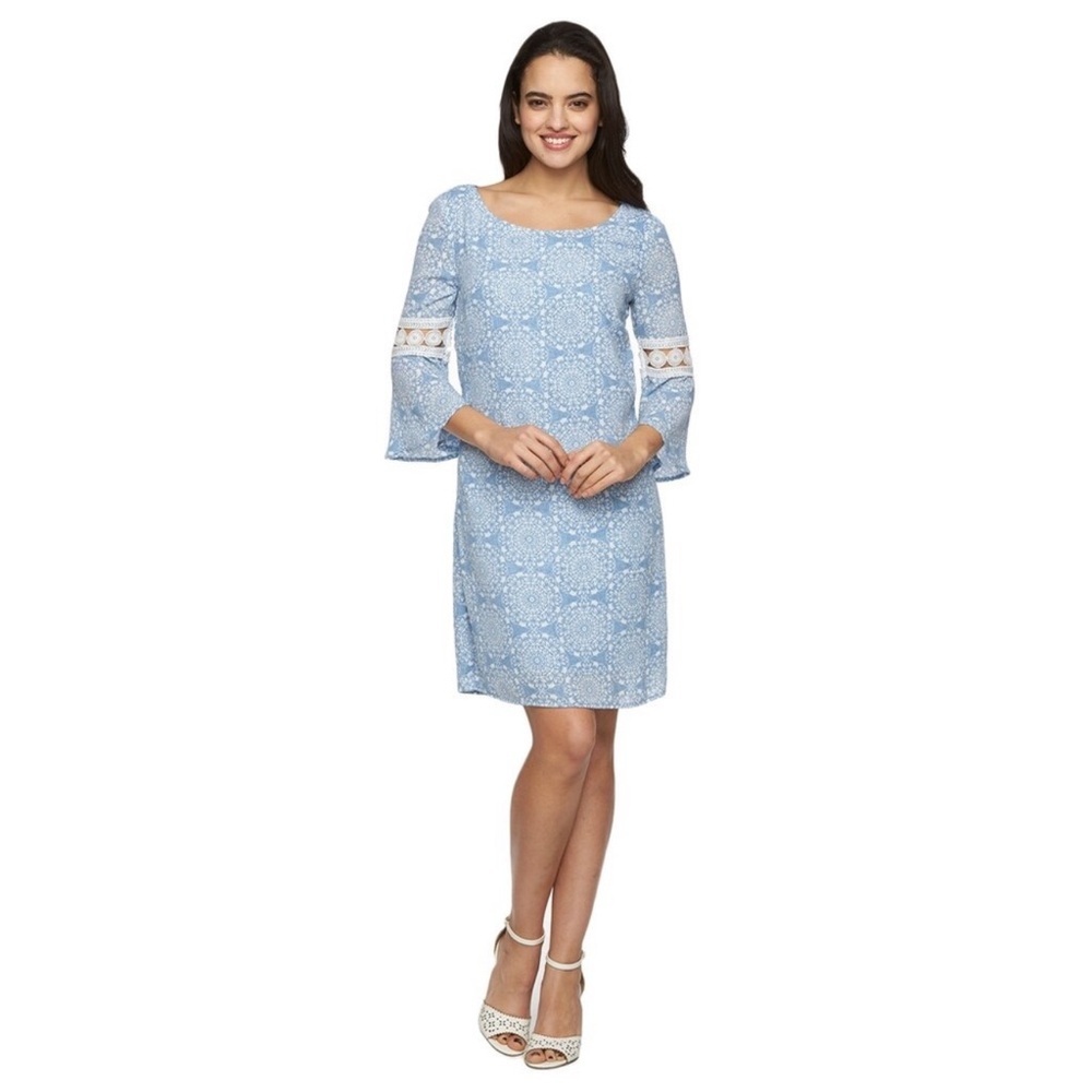 Luxology Light Blue Lace Sleeve Shift Dress with White Accents Size 4
